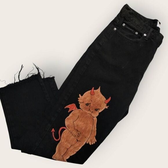 Calvin Klein Womens Jeans| Sz 12 |Black | Artistic Design Devil/Angel | Straight - Picture 4 of 10